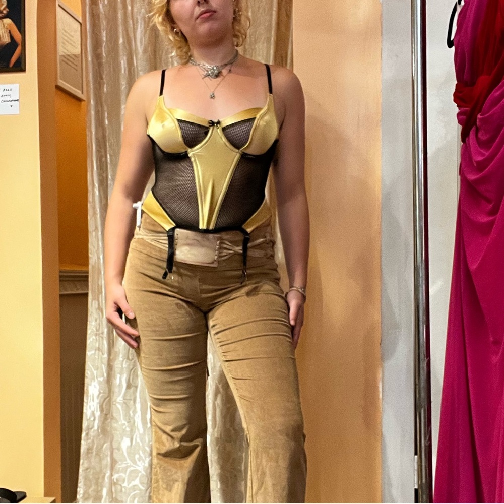 Vintage 90s satin gold and black fishnet bustier